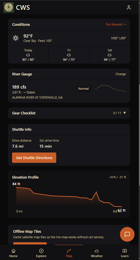 CWS screen showing river gauge, shuttle distance and an elevation profile