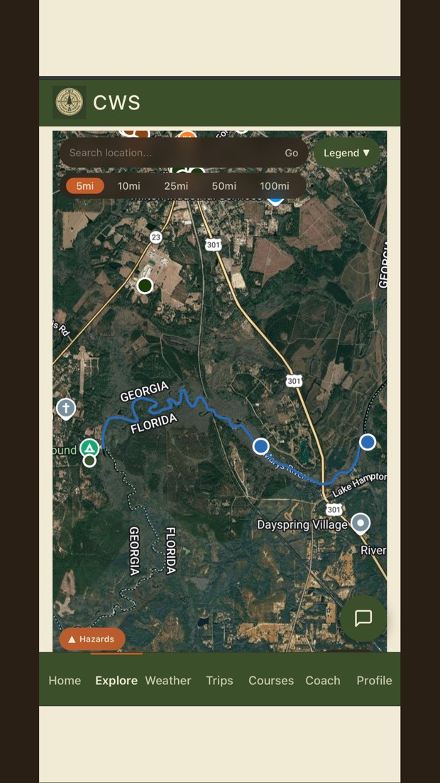 Offline satellite map with river route and waypoints