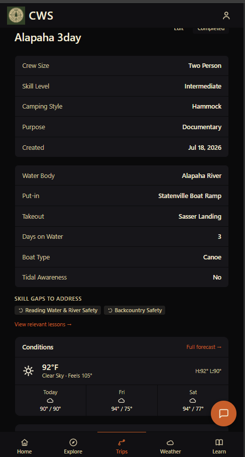 CWS trip plan screen listing skill gaps, put-in and takeout, and crew