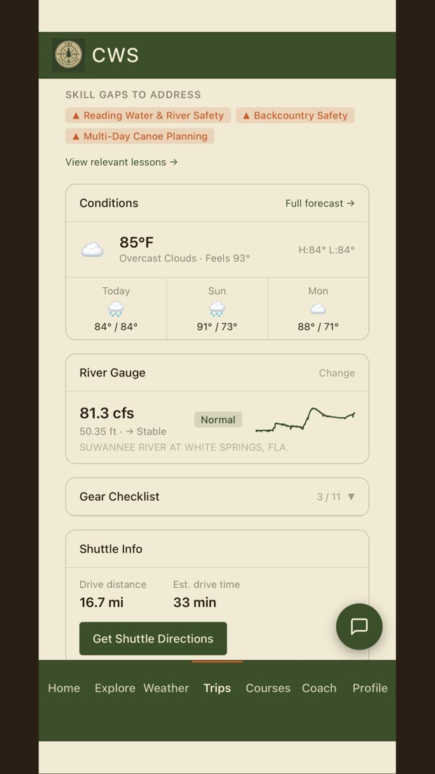 CWS app trip plan showing skill gaps, river gauge, and shuttle info