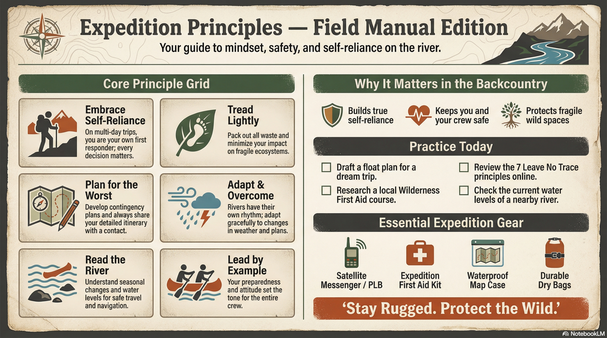 Expedition Principles field guide: embrace self-reliance, tread lightly, plan for the worst, adapt and overcome, read the river, and lead by example, plus essential expedition gear.